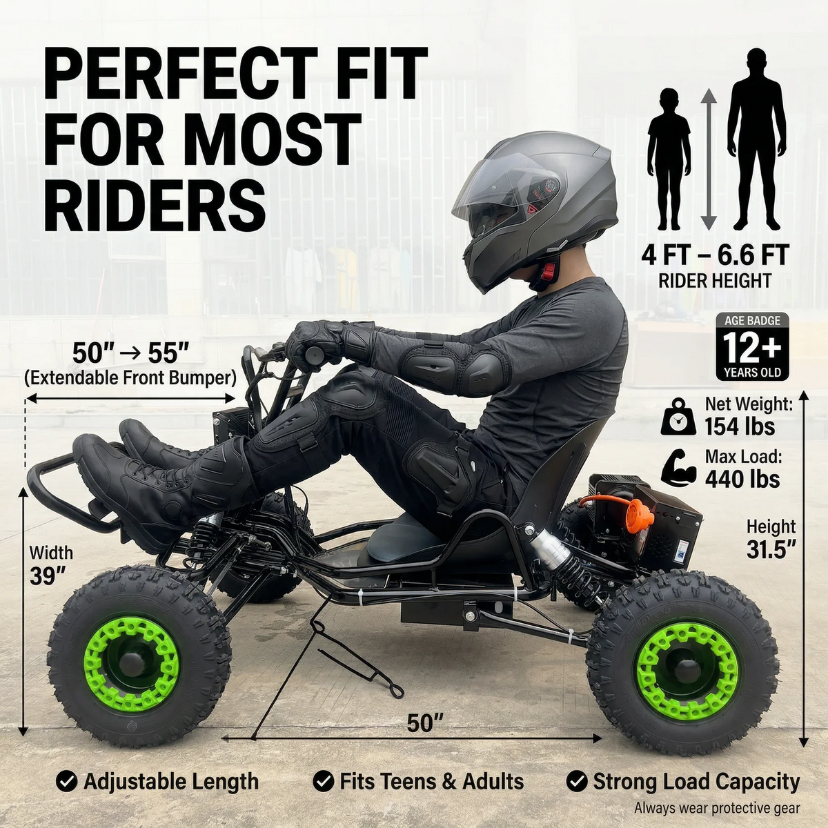 Electric go-kart for adults and teens with a 48V 20Ah battery and 2500W peak power.