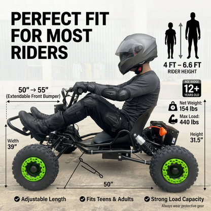 Electric go-kart for adults and teens with a 48V 20Ah battery and 2500W peak power.