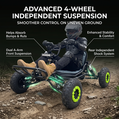 Electric go-kart for adults and teens with a 48V 20Ah battery and 2500W peak power.