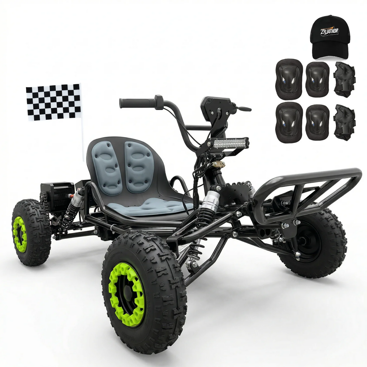 Electric go-kart for adults and teens with a 48V 20Ah battery and 2500W peak power.