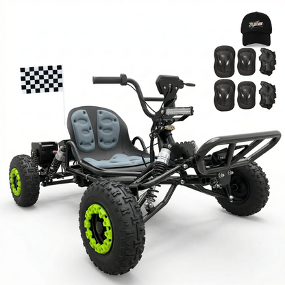 Electric go-kart for adults and teens with a 48V 20Ah battery and 2500W peak power.