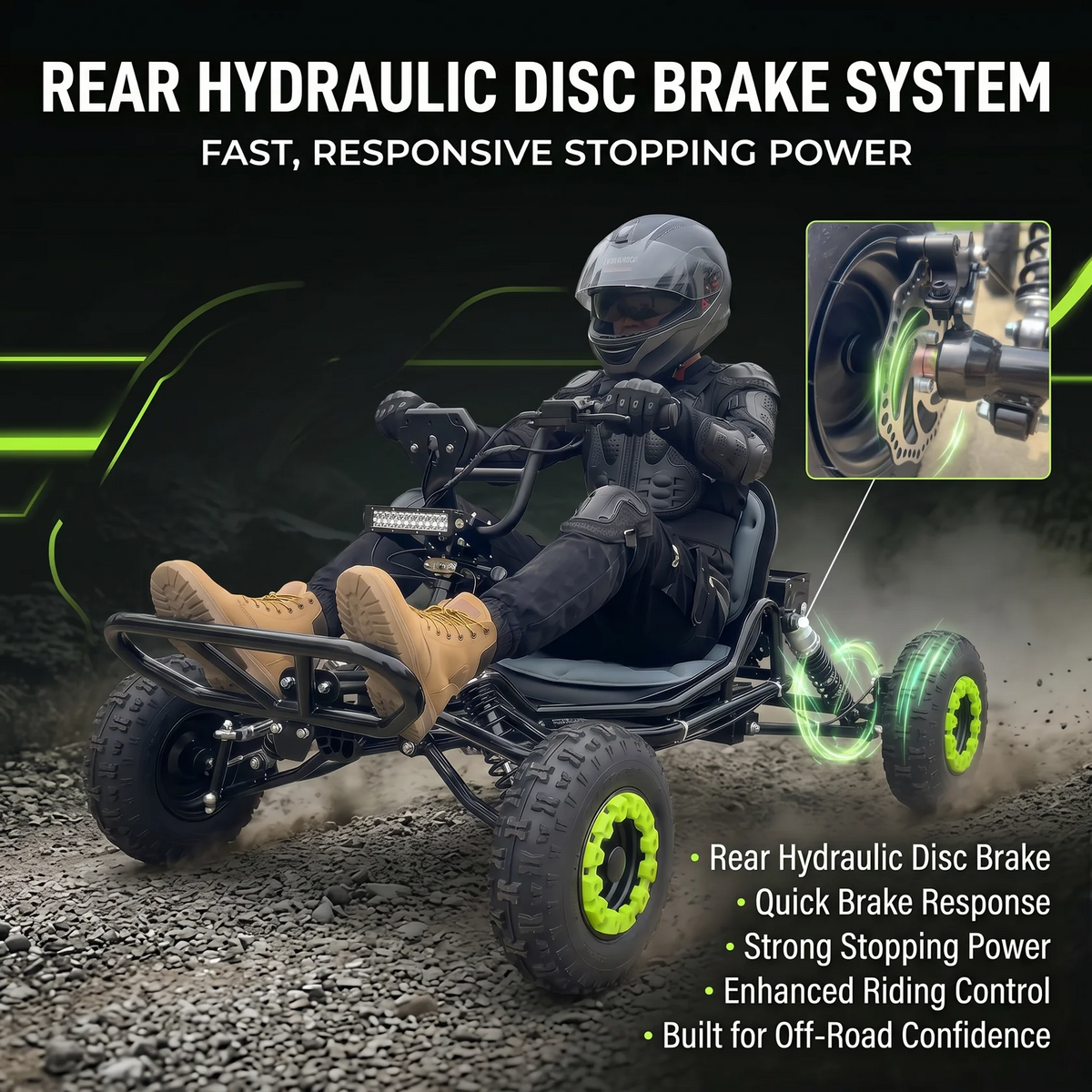 Electric go-kart for adults and teens with a 48V 20Ah battery and 2500W peak power.