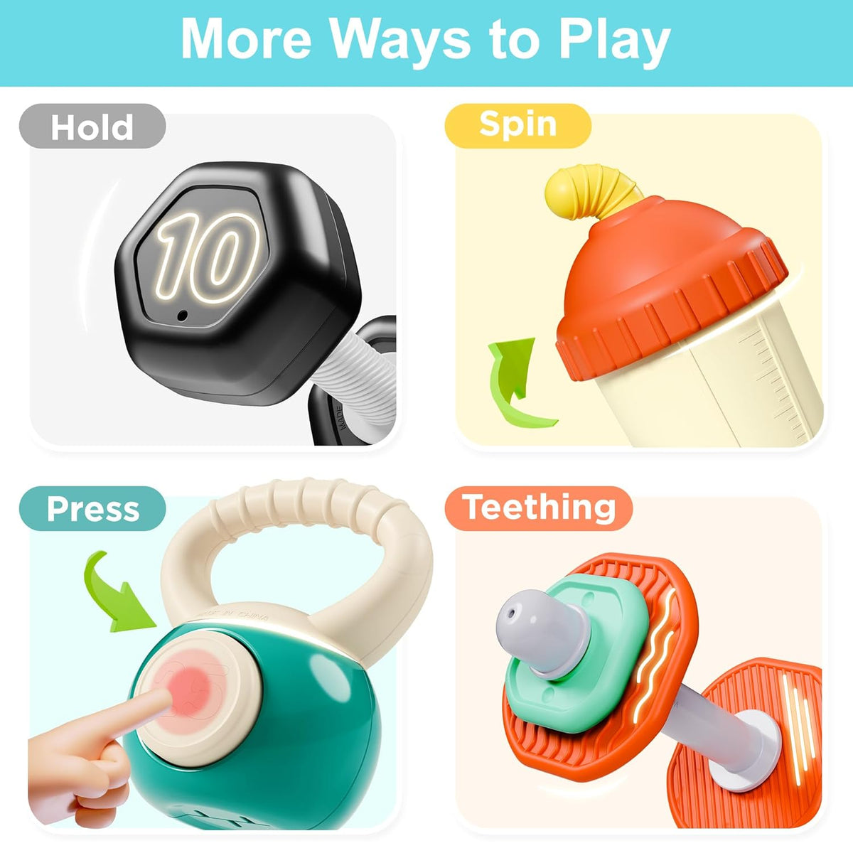 4 Pcs Baby Dumbbell Teething Rattles, Infant Sensory Hand Grasp Toys, 3-12 Months Baby Gift