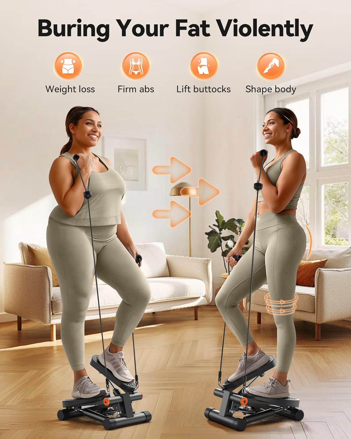 Mini Hydraulic Stair Stepper with Resistance Bands, 300LBS Loading, LCD Display for Home Exercise