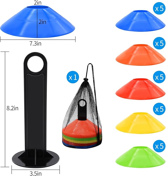 25/50/100 Pcs 5 Color Agility Disc Cones, Sports Training Marker Cones with Carry Bag & Holder