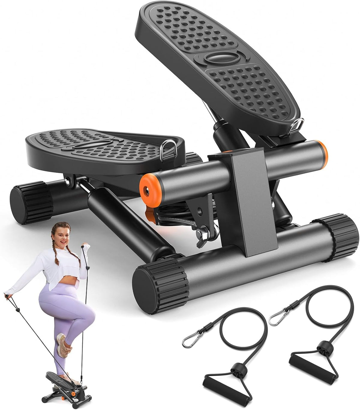 Mini Hydraulic Stair Stepper with Resistance Bands, 300LBS Loading, LCD Display for Home Exercise