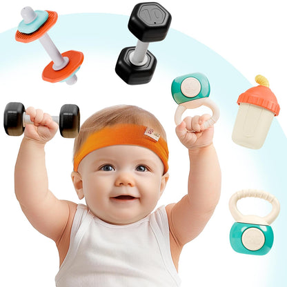 4 Pcs Baby Dumbbell Teething Rattles, Infant Sensory Hand Grasp Toys, 3-12 Months Baby Gift