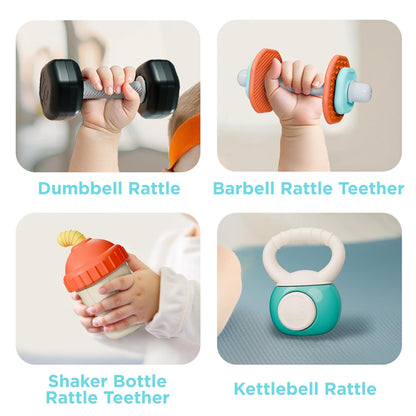 4 Pcs Baby Dumbbell Teething Rattles, Infant Sensory Hand Grasp Toys, 3-12 Months Baby Gift
