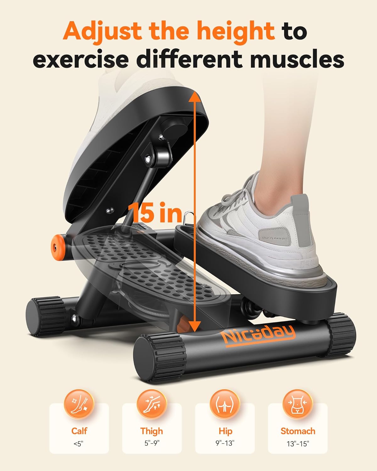 Mini Hydraulic Stair Stepper with Resistance Bands, 300LBS Loading, LCD Display for Home Exercise