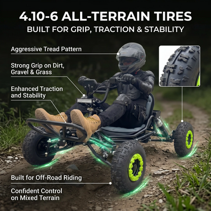 Electric go-kart for adults and teens with a 48V 20Ah battery and 2500W peak power.