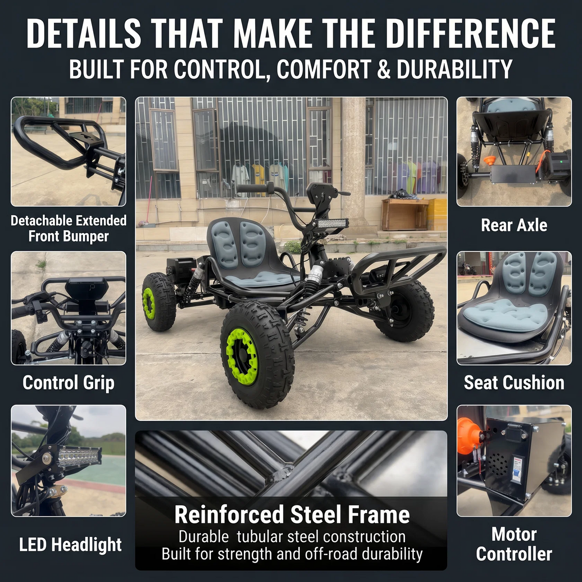 Electric go-kart for adults and teens with a 48V 20Ah battery and 2500W peak power.