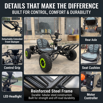 Electric go-kart for adults and teens with a 48V 20Ah battery and 2500W peak power.