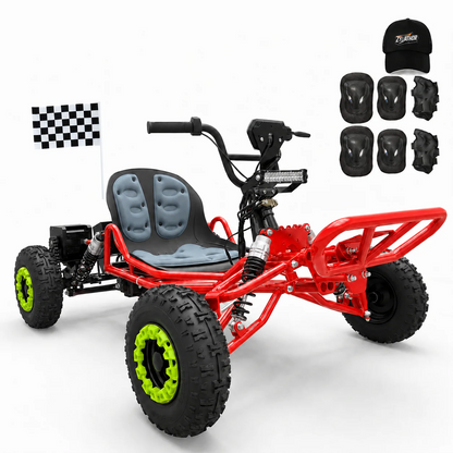 Electric go-kart for adults and teens with a 48V 20Ah battery and 2500W peak power.